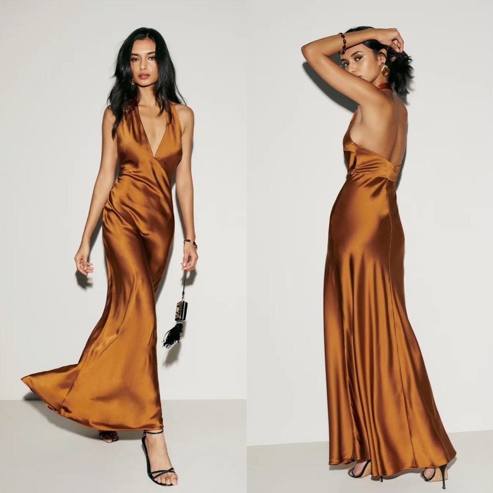 NWT NEW Reformation Daniela Silk Maxi Deep V Dress Copper Burnt Orange Brown